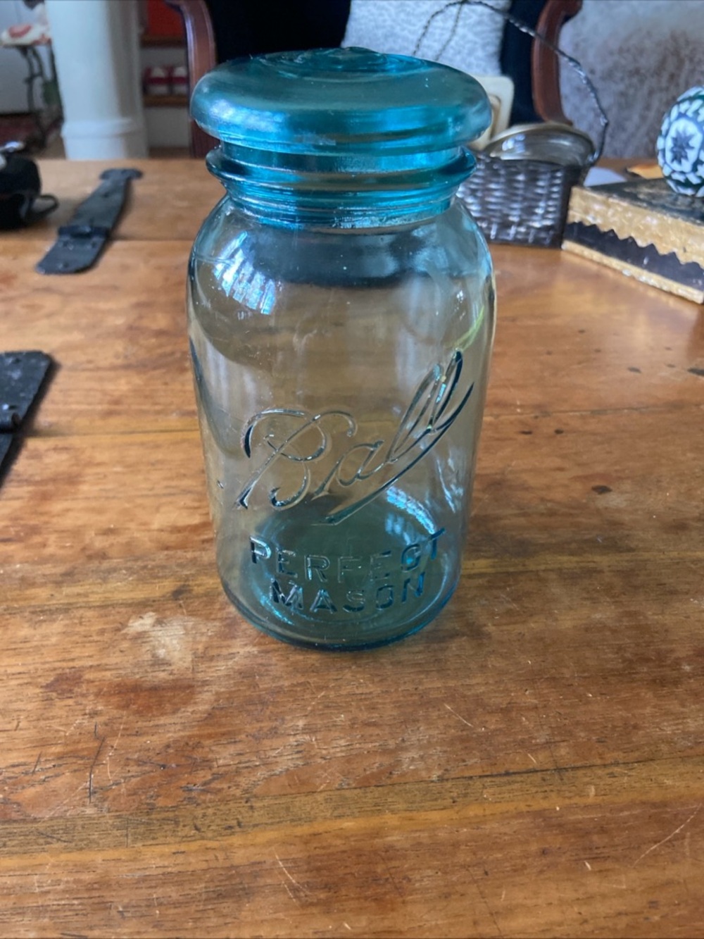 Vintage Ball Teal Blue Storage Jar with Glass Lid
